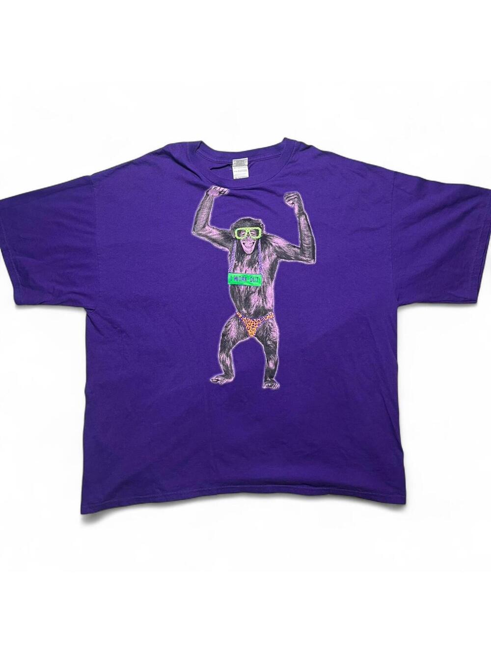 Vintage 90s Workout Fitness Graphic T-Shirt Purple Monkey Gym Training Men’s 3XL